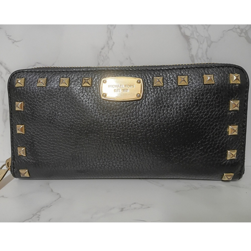 MICHAEL KORS Jet Set Large Black Leather Studded Continental Wallet